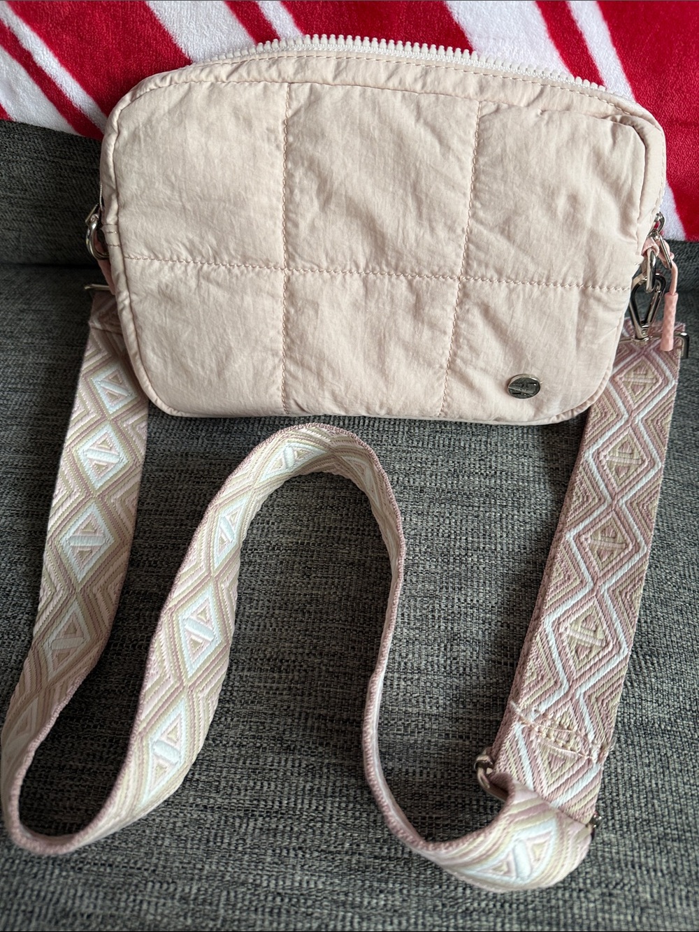Quilted Light Pink Crossbody Bag with Patterned Strap
